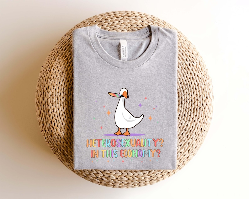 K&ouml;nnte beinhalten: Ein graues T-Shirt mit einer Cartoon-Gans, die einen Strohhut tr&auml;gt und ein St&uuml;ck Brot h&auml;lt. Der Text "Heterosexuality? In this economy?" ist in Regenbogenfarben unter der Gans gedruckt.
