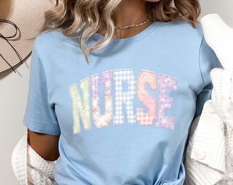 Patchwork Nurse Shirt, Pastel Nurse Tee, Cute RN Shirt, Boho Nursing Shirt, Gift for Nurse, Nurse Appreciation Week, Registered Nurse Gift