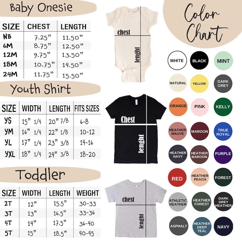 Puede incluir: Una tabla de tallas de productos para bodies de beb&eacute;, camisetas juveniles y camisetas para ni&ntilde;os peque&ntilde;os. La tabla incluye medidas en cm para el pecho, la longitud, el ancho y el peso, junto con una tabla de colores.