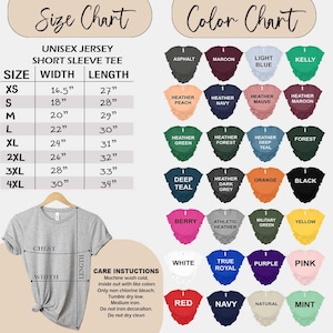 Puede incluir: Tabla de tallas para una camiseta de manga corta de jersey unisex con medidas de ancho y largo en pulgadas. Tabla de colores con 24 opciones de colores diferentes para la camiseta.