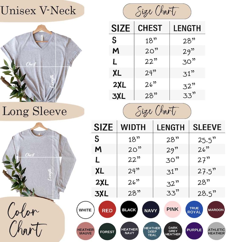 Puede incluir: Imagen de una camiseta unisex gris con cuello en V y manga larga. Se incluyen tablas de tallas con medidas en pulgadas para el pecho, la longitud, el ancho y la longitud de la manga. Una carta de colores muestra varias opciones de color.