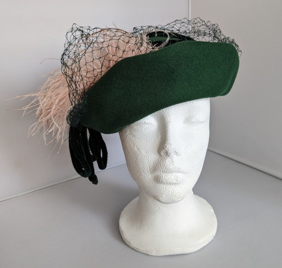 1970s Women's Vintage Wool Hat with Cord and Feat… - image 1