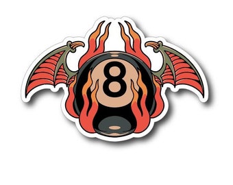 May include: A black and white eight ball with flames and devil wings. The eight ball is surrounded by orange and red flames. The wings are black with red and orange accents.