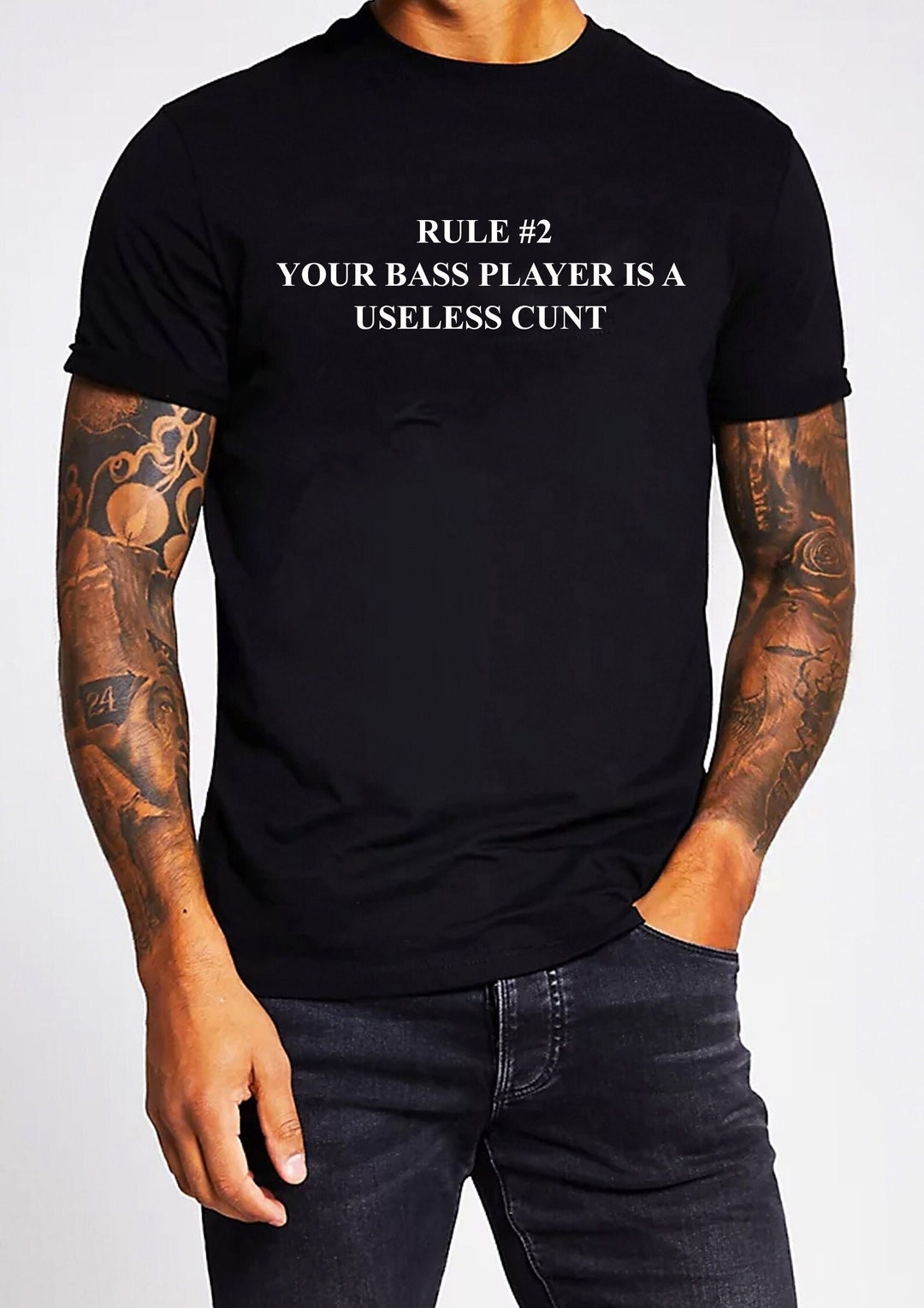 Rule No.2 Your Bass Player is A Useless Cunt T-shirt Unisex Gildan  Softstyle Tshirt Band Music Musician Funny Rude Logo Graphic Novelty Tee 
