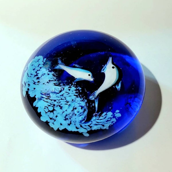 Vintage Blue Murano Glass Paperweight w/ Swimming Dolphins*Rare*