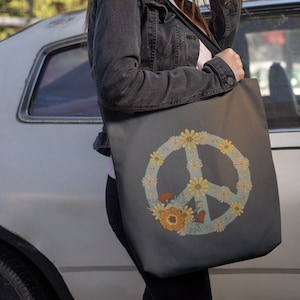 Peace Sign Tote Bag,Floral Tote Bag,Floral Peace sign, Bohemian Design, Boho Graphic,Simple Style Flower, Casual Aesthetic, Peace Tote Bag