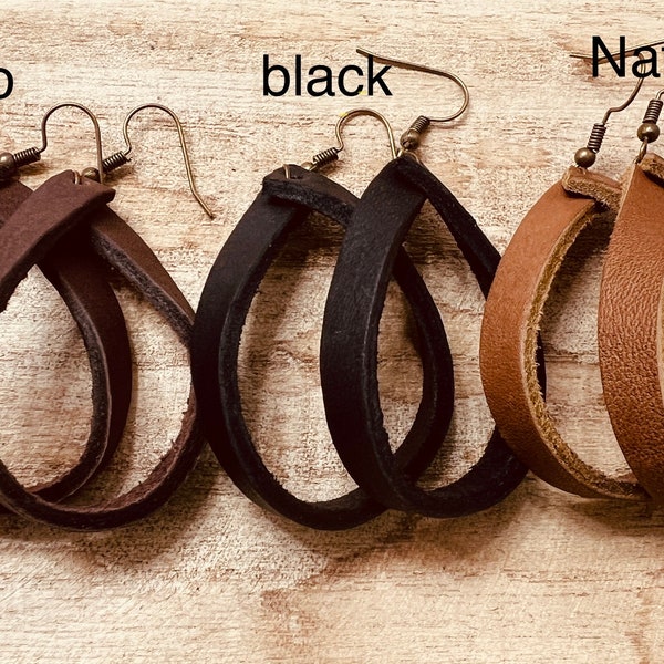 Leather hoop earrings, genuine leather dangle, bohemian jewelry, boho chic, hoop earring, birthday gift for her, Fall wedding, rustic style