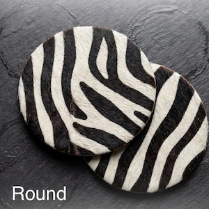 Animal Print Drink Coasters Set of 4, Zebra Style Hair on Hide Leather Coasters, Safari Home Decor, Housewarming Gift unique Bar accessories Round