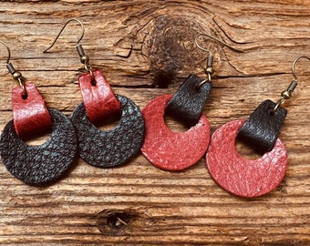 Folded leather earrings, circle Earrings, leather earrings for women, lightweight dangle earrings, valentine’s day gift, handmade jewelry