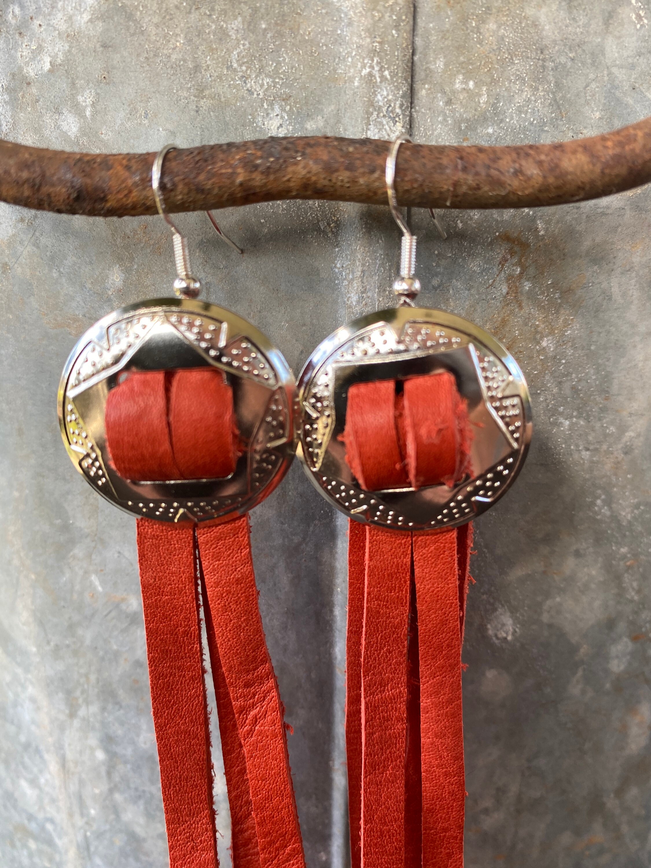 Leather Fringe Earrings Red Leather Earrings Concho Etsy Canada