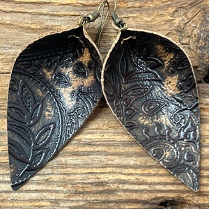 Leather leaf earrings, genuine leather earrings, gift for her, embossed teardrop, gift for best friends birthday, lightweight dangle earring