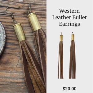 Western Leather Bullet Earrings Boho Fringe Jewelry Shell Casing  Country Girl Gift Rustic Cowgirl Style rodeo season southwestern accessory