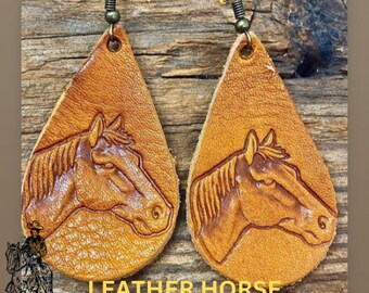 Leather Horse earrings, Valentine’s day gift for women, western horses jewelry, pony earrings, equestrian, cowgirl, hand tooled, handmade