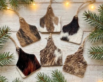 Cowhide Christmas Ornaments, Western Rustic Decor, Set of 6
