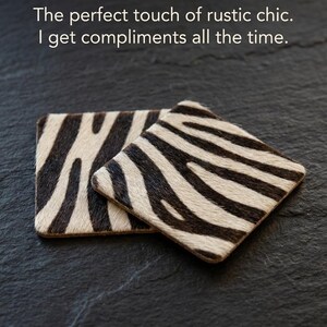 Animal Print Drink Coasters Set of 4, Zebra Style Hair on Hide Leather Coasters, Safari Home Decor, Housewarming Gift unique Bar accessories image 9