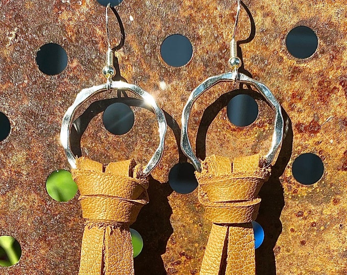 Leather hoop earrings, leather fringe earrings, natural leather, tassel earrings, ladies gift, birthday gift, graduation gift, gift for her