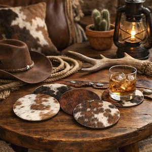 Set of 4 Genuine Cowhide Coasters | Rustic Western Table Decor, Barware