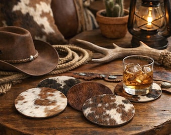 Set of 4 Genuine Cowhide Coasters | Rustic Western Table Decor, Barware