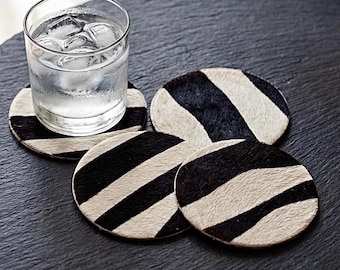 Animal Print Drink Coasters Set of 4, Zebra Style Hair on Hide Leather Coasters, Safari Home Decor, Housewarming Gift unique Bar accessories