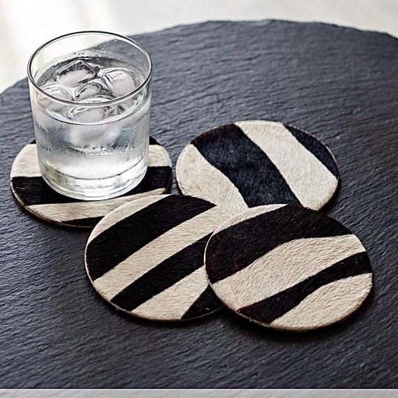 Animal Print Drink Coasters Set of 4, Zebra Style Hair on Hide Leather Coasters, Safari Home Decor, Housewarming Gift unique Bar accessories