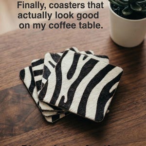 Animal Print Drink Coasters Set of 4, Zebra Style Hair on Hide Leather Coasters, Safari Home Decor, Housewarming Gift unique Bar accessories image 5