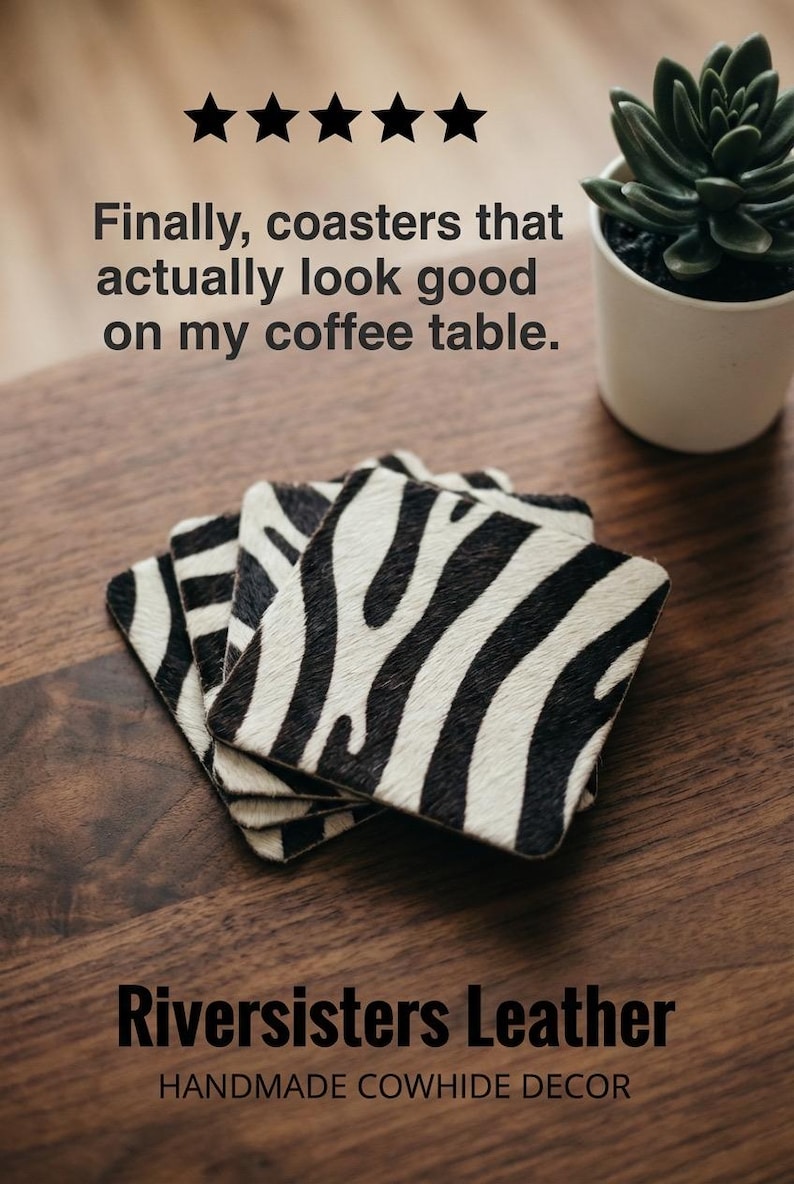 Animal Print Drink Coasters Set of 4, Zebra Style Hair on Hide Leather Coasters, Safari Home Decor, Housewarming Gift unique Bar accessories image 5