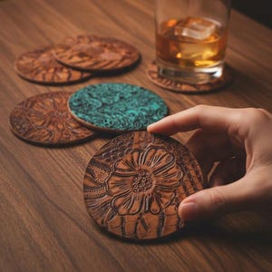 Floral Tooled Leather Coasters, Western Drink, Engraved
