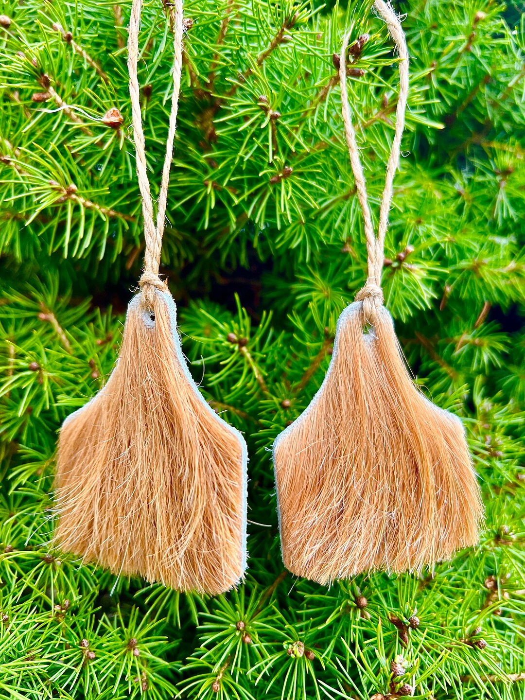 Cowhide Christmas Tree Ornaments, Set of 6, Highland Cow, Long Hair