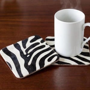 Animal Print Drink Coasters Set of 4, Zebra Style Hair on Hide Leather Coasters, Safari Home Decor, Housewarming Gift unique Bar accessories image 7