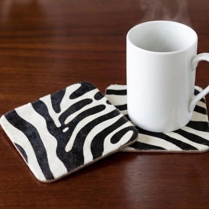 Animal Print Drink Coasters Set of 4, Zebra Style Hair on Hide Leather Coasters, Safari Home Decor, Housewarming Gift unique Bar accessories image 7