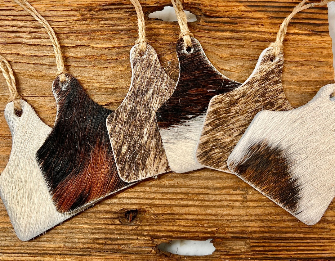 Cowhide Christmas Tree Ornaments, Set of 6, Western Holiday Decor, Cow