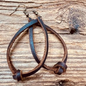 Leather earrings, Leather knot earrings, unique dangle earring, boho jewelry, Birthday gift for her rustic brown leather earrings for women