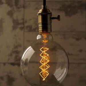 May include: A vintage-style light bulb with a clear glass globe and a coiled filament. The bulb is hanging from a cord and has a brass socket.