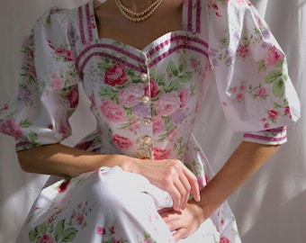 vestido floral vintage mangas bufantes comprimento total vestido estilo Laura Ashley vestido vitoriano vestido de algodão pradaria 1920
