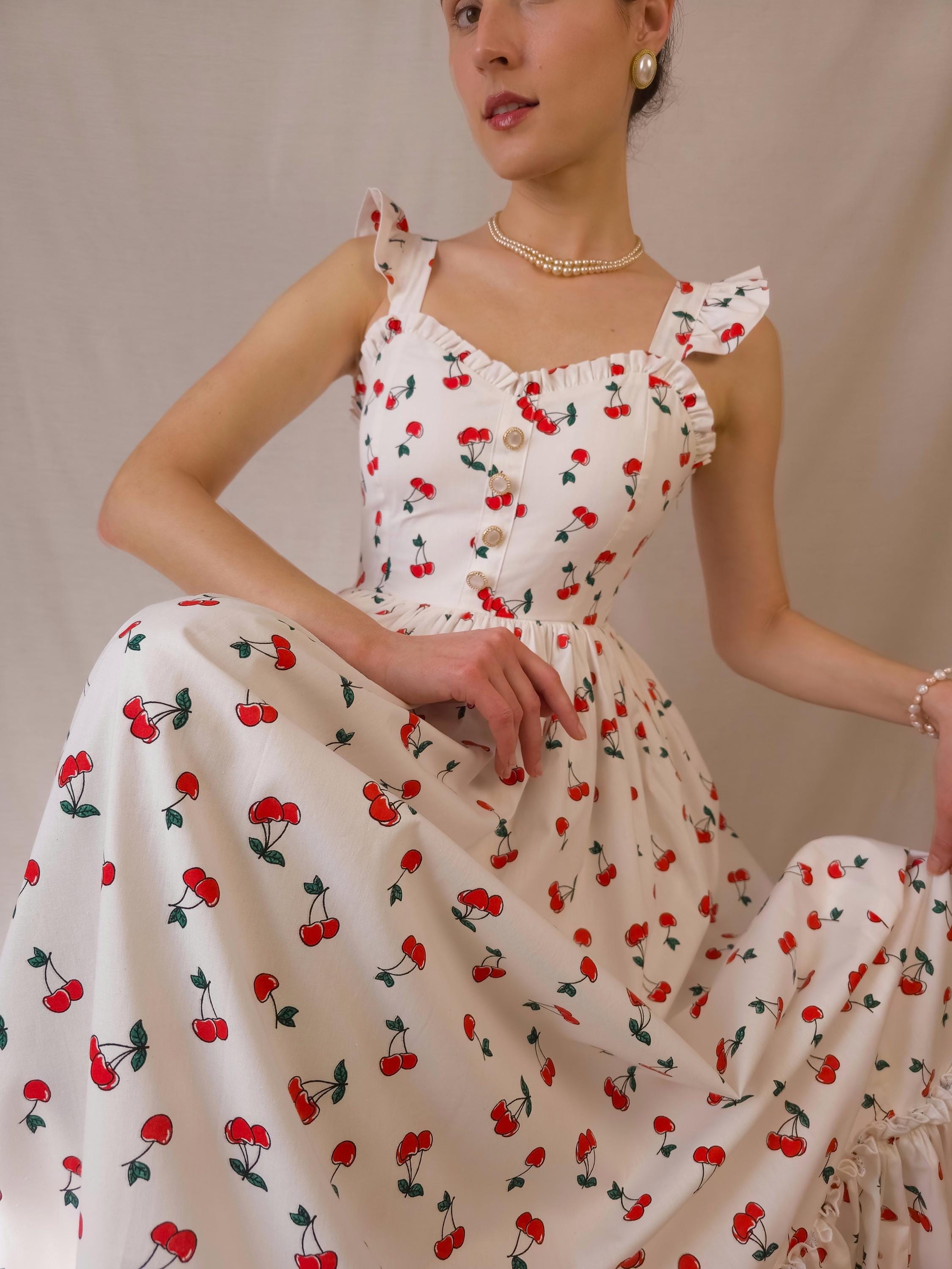 Cherry Dress White Cotton Dress Pinup Dress/90s Dress Fruit Print