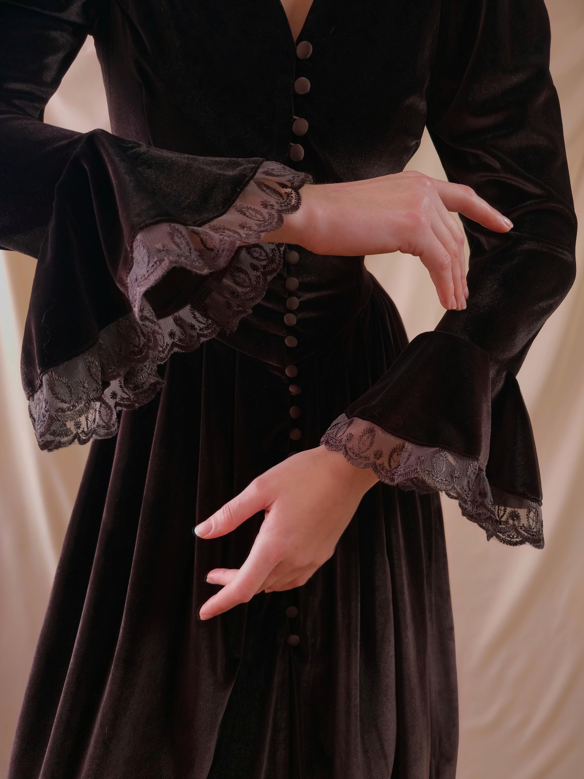 brown gothic dress flared sleeves velour velvet dress Victorian dress chocolate dress velour retro dress buttons down velvet Victorian dress gothic victorian dress