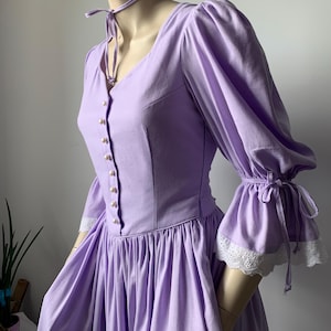 vintage dress puffer sleeves corset back linen dress ankle length V line waist dress purple Victorian dress cottage core dress lace