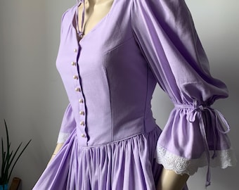 vintage dress puffer sleeves corset back linen dress ankle length V line waist dress purple Victorian dress cottage core dress lace