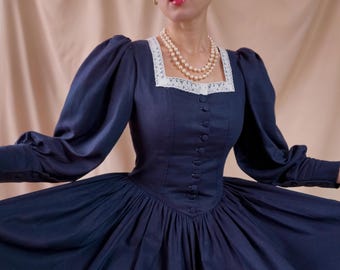 Victorian dress navy blue puffy sleeves high cuff Edwardian dress linen navy vintage style dress 1900 dress