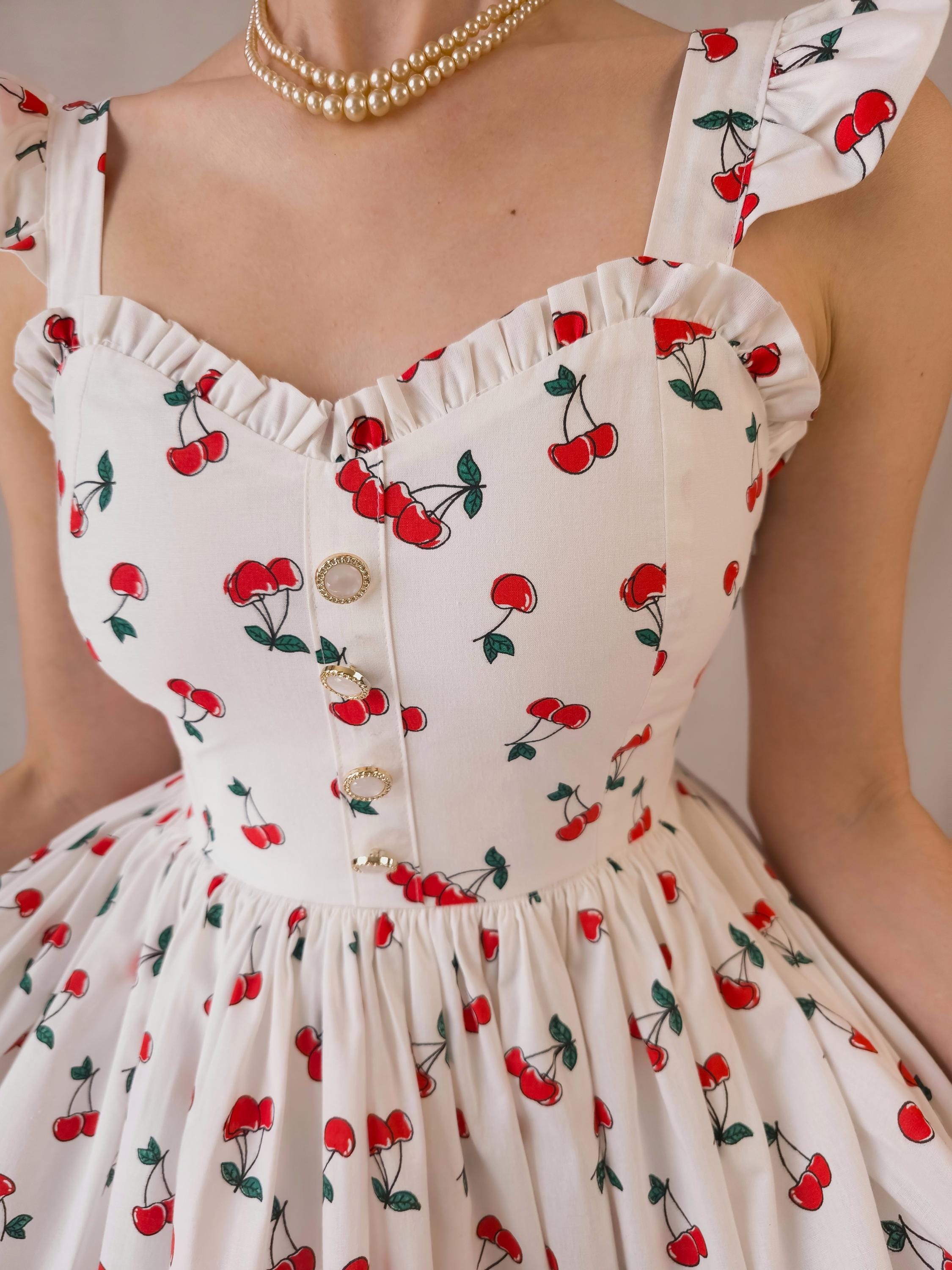 Cherry Dress White Cotton Dress Pinup Dress/90s Dress Fruit Print