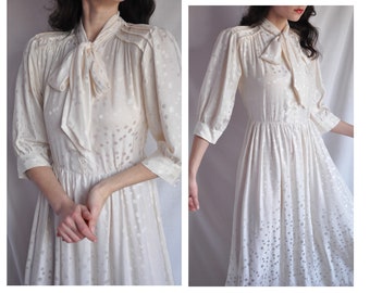 Vintage wedding dress/long silk dress/vintage dress full length/polka dot dress/retro dress full length/white dress full length