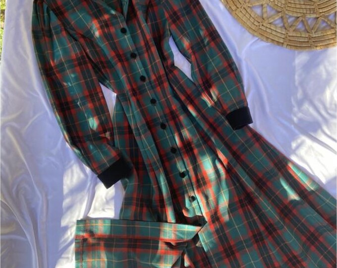 Laura Ashley Dress Tartan Plaid Pattern Dress Full Length Wool