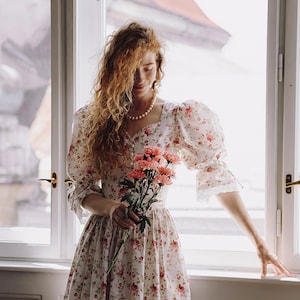 princes dress vintage style pastel roses print Victorian dress puffy sleeves prairie dress cottage core corsets dress cotton white dress