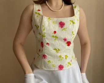 Y2K top white flowers retro top lace up 90s blouse sleeveless