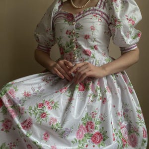 floral dress puffy sleeves pastel floral full length summer cotton dress prairie 1920s Laura Ashley style dress cotton