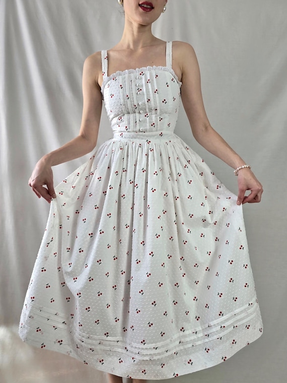 cottage core straps  dress white embroidered Cherry dress fruit print dress ankle length romantic dress retro summer cotton dress midi