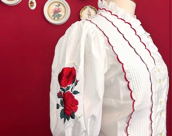 Austrian blouse puffy sleeves:embroidered blouse white/Bavarian blouse volumetric sleeves flowers embroidery/Tyrolean blouse with embroidery