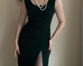retro dress velour full length emerald green Y2K dress 90s dress pencil full length