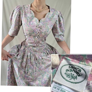 vintage Laura Ashley 80s dress pastel floral print  Laura Ashley dress 14uk tea dress pastel roses Laura Ashley summer cotton dress