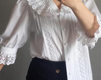 Vintage blouse collared white embroidered traditional Austrian blouse short puffy sleeves